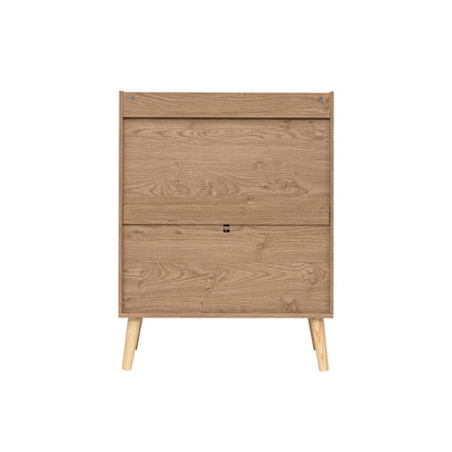 A two-drawer natural  wooden cabinet with a light oak finish and tapered wooden legs, shown against a plain background.