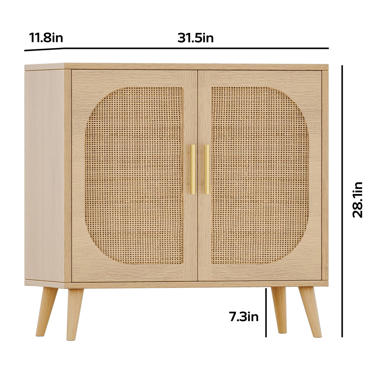 Natural Wooden cabinet with rattan doors and dimensions labeled on a white background