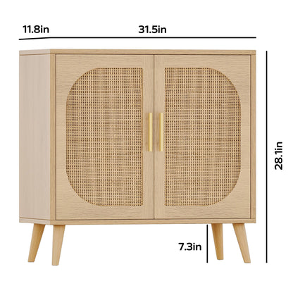 Natural Wooden cabinet with rattan doors and dimensions labeled on a white background