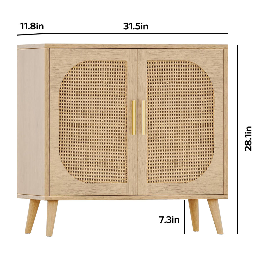 Natural Wooden cabinet with rattan doors and dimensions labeled on a white background
