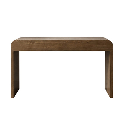 A modern wooden bench with a thick, rounded rectangular seat and blocky legs, shown from a straight-on perspective against a solid white background.