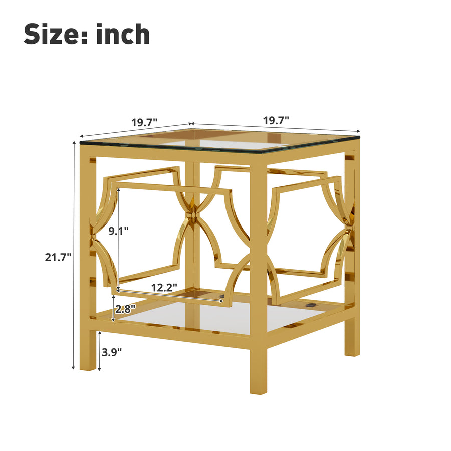 Transparent tampered glass golden metal leg square side table