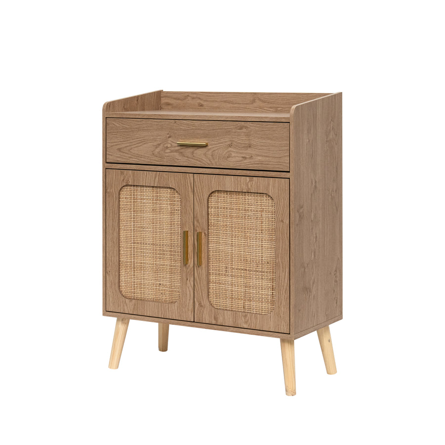 A mid-century modern natural wooden cabinet with a single drawer, two cane-paneled doors, and tapered wooden legs, shown on a plain background.