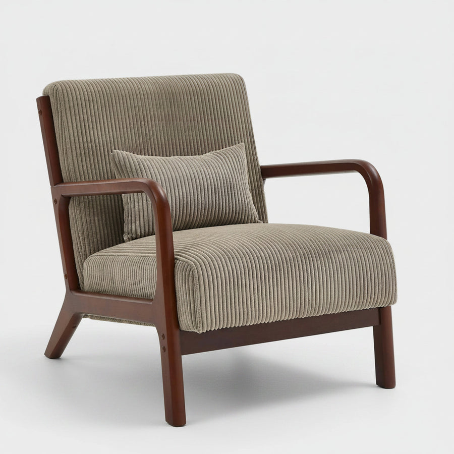 Camel Corduroy Upholstered Wooden Armchair with Back Support Pillow
