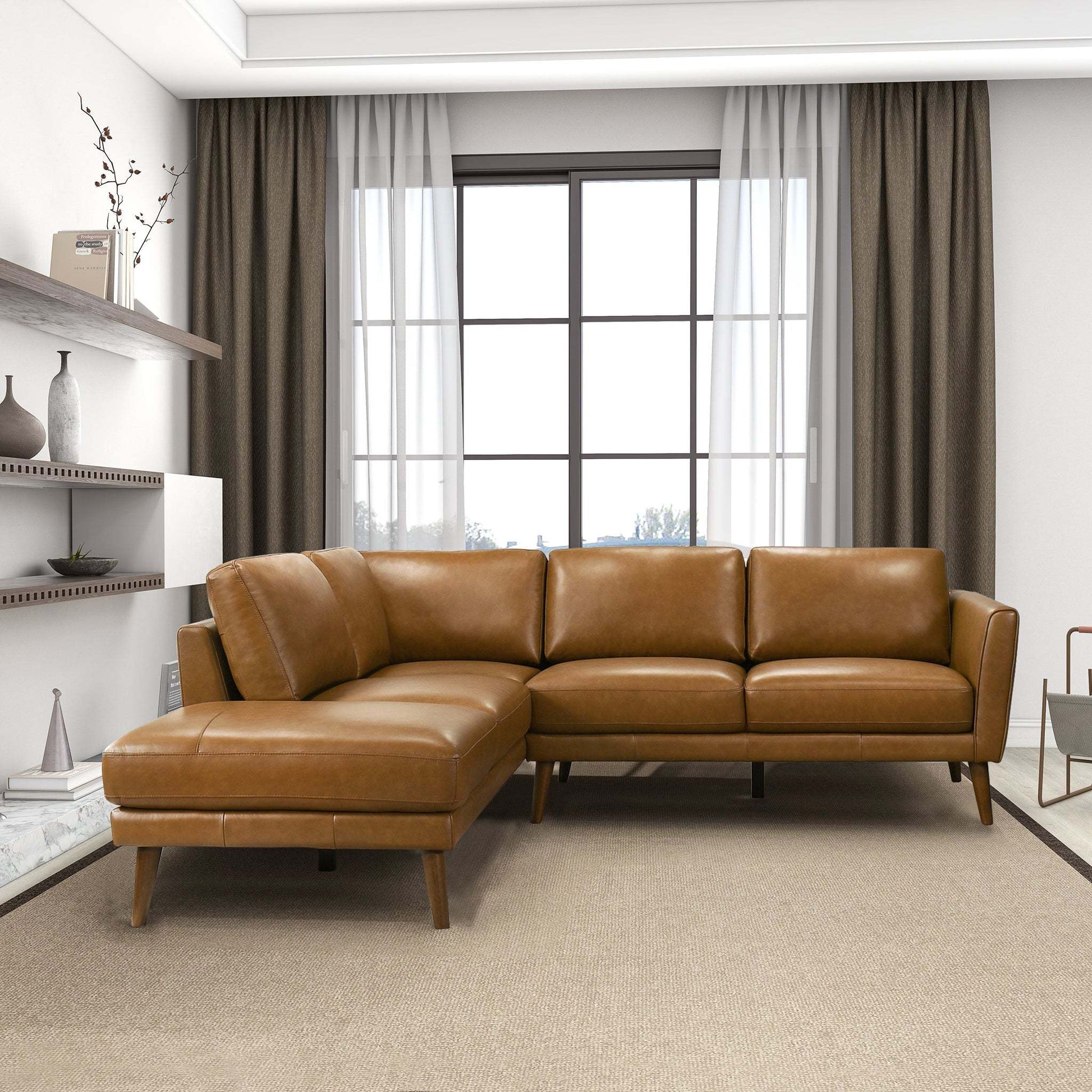 Tan Leather Sectional Sofa with Left Facing Chaise