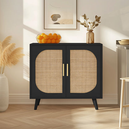 Black cabinet with wicker doors in a room setting