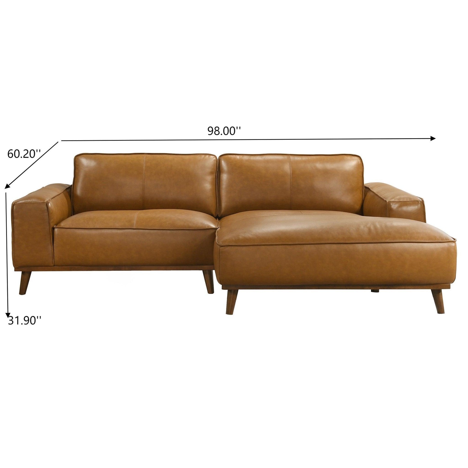 Right Facing Sectional Sofa with Mid-Century Modern Design, Genuine Leather Upholstery, Walnut-Finished Wood Legs, 98-Inch L-Shaped Layout