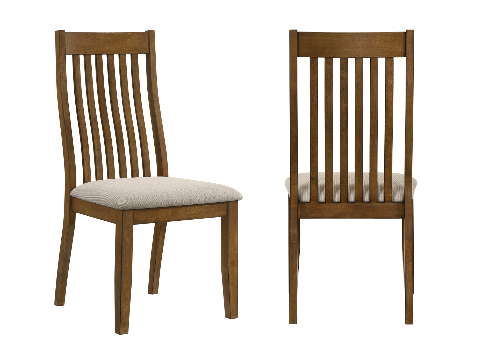 Two views of a wooden dining chair with a slatted back and a light beige upholstered seat, shown on a plain white background.