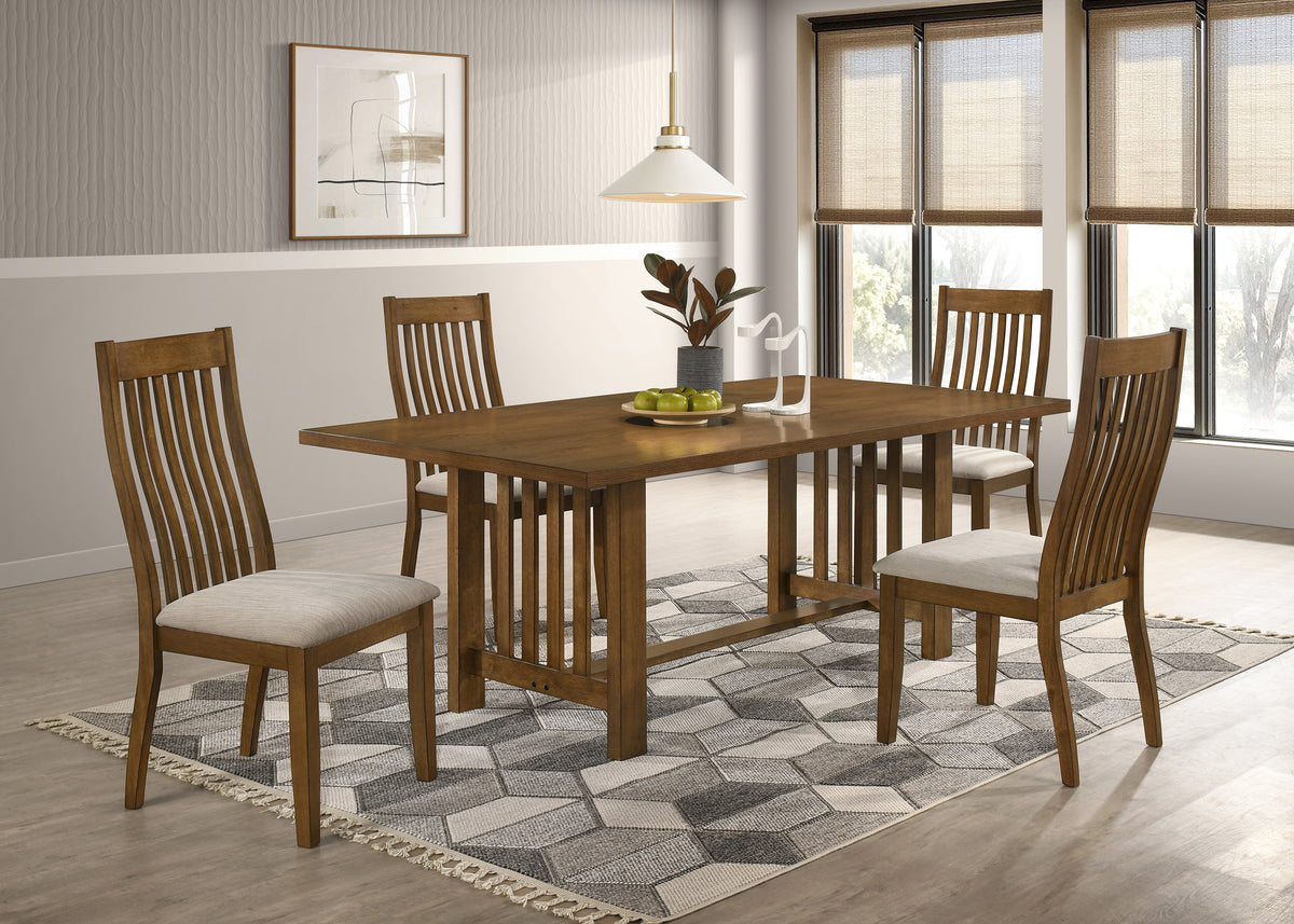4 Seater 5 pcs Wooden dining set with chairs in a well-lit room with large windows.