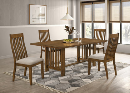 4 Seater 5 pcs Wooden dining set with chairs in a well-lit room with large windows.