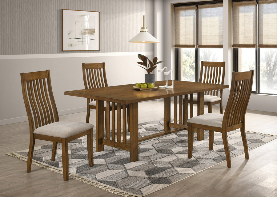 4 Seater 5 pcs Wooden dining set with chairs in a well-lit room with large windows.
