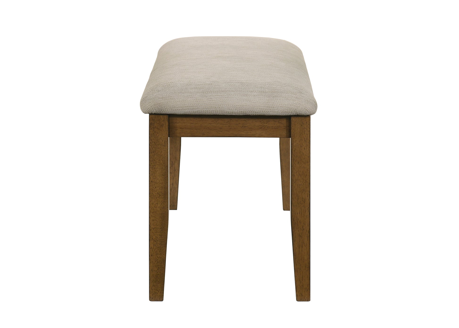 Stool with beige cushioned seat and wooden legs on a white background