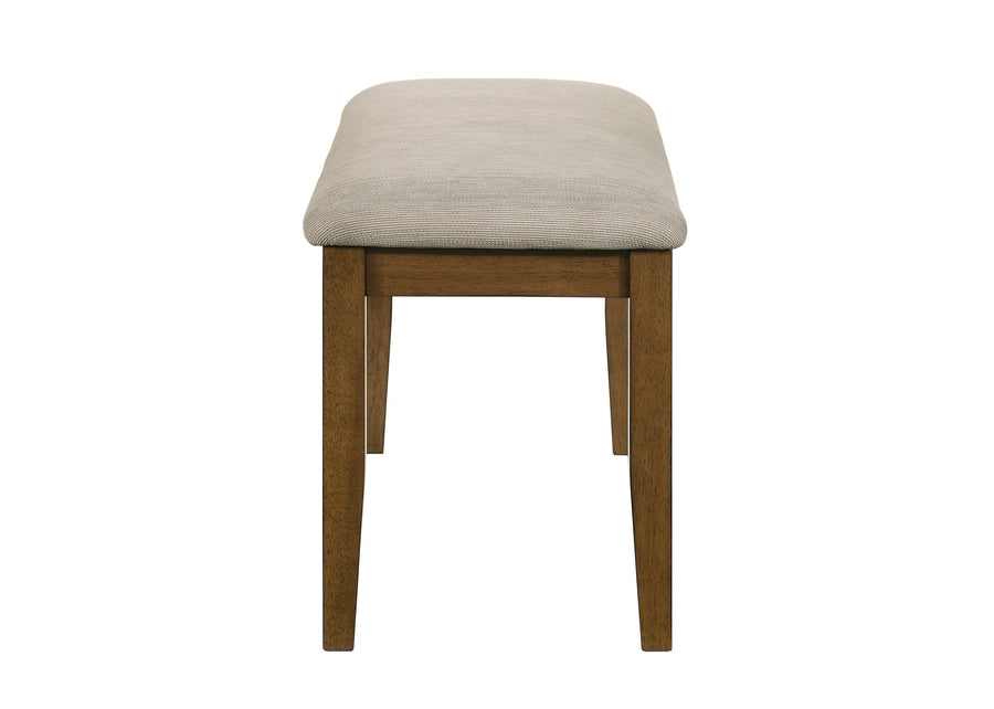 Stool with beige cushioned seat and wooden legs on a white background