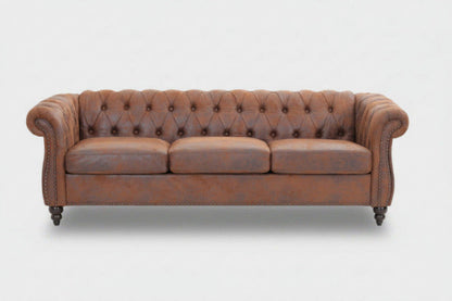 Brown PU Leather 3 Seater round arm sofa