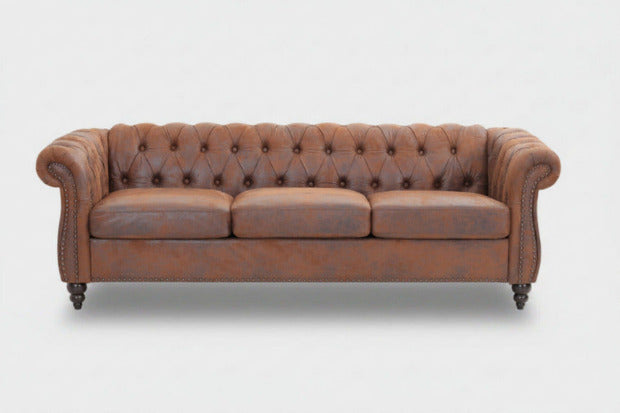 Brown PU Leather 3 Seater round arm sofa