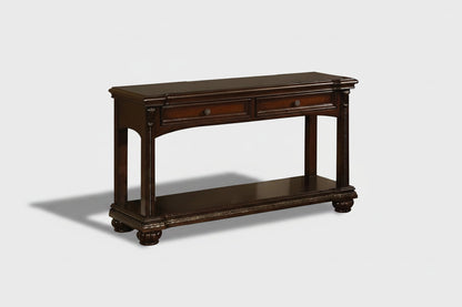 Dark wood console table with two drawers on a white background
