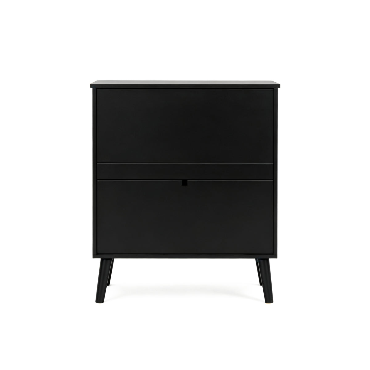 A modern black two-drawer chest or nightstand with tapered legs, shown from a front-facing perspective on a clean background.