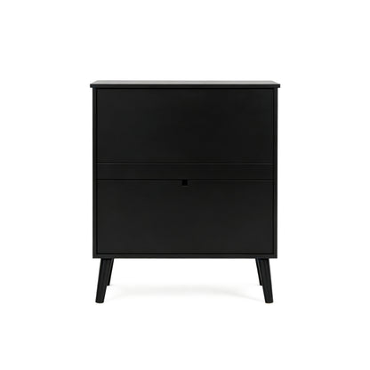 A modern black two-drawer chest or nightstand with tapered legs, shown from a front-facing perspective on a clean background.