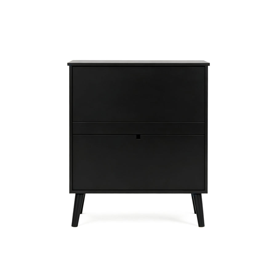A modern black two-drawer chest or nightstand with tapered legs, shown from a front-facing perspective on a clean background.