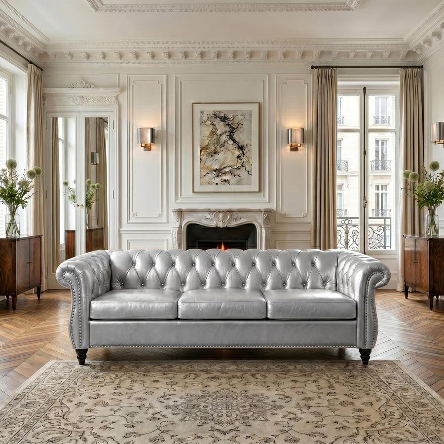 Silver PU Leather 3 Seater round arm sofa
