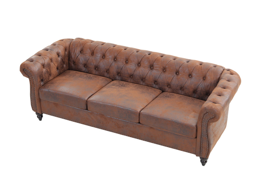 Brown PU Leather 3 Seater round arm sofa