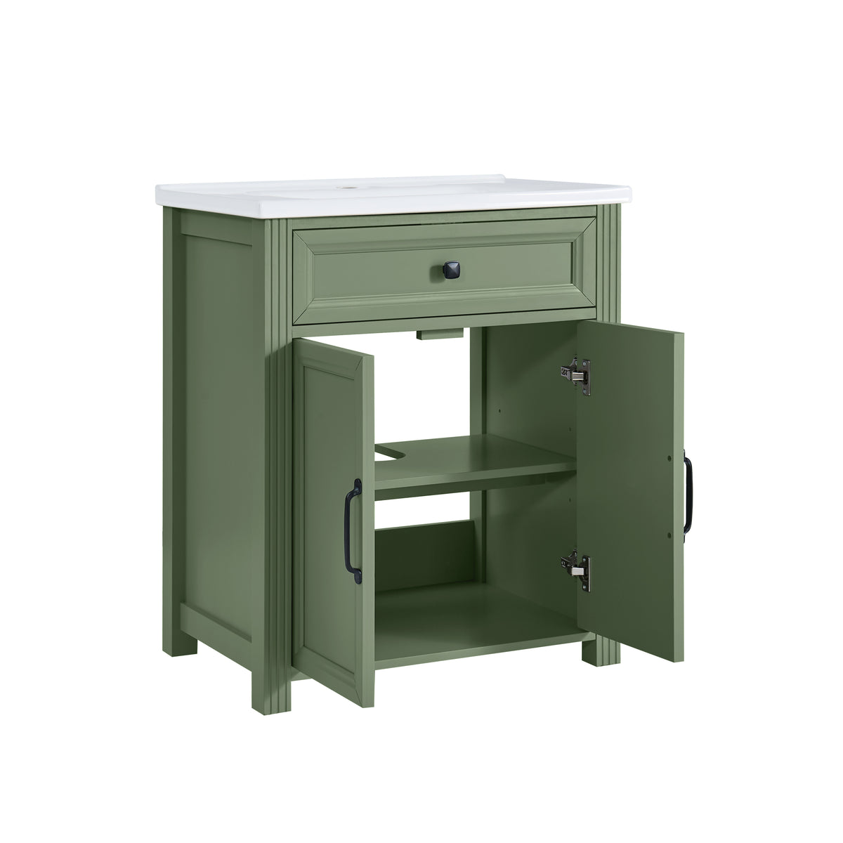 An olive green bathroom vanity cabinet with a countertop and sink, shown with both front doors open to reveal an interior shelf.