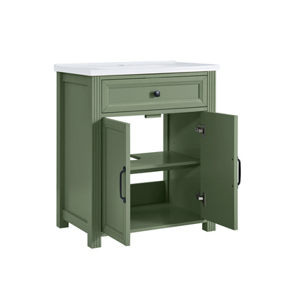 An olive green bathroom vanity cabinet with a countertop and sink, shown with both front doors open to reveal an interior shelf.