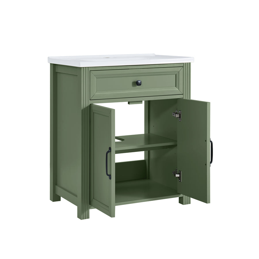 An olive green bathroom vanity cabinet with a countertop and sink, shown with both front doors open to reveal an interior shelf.