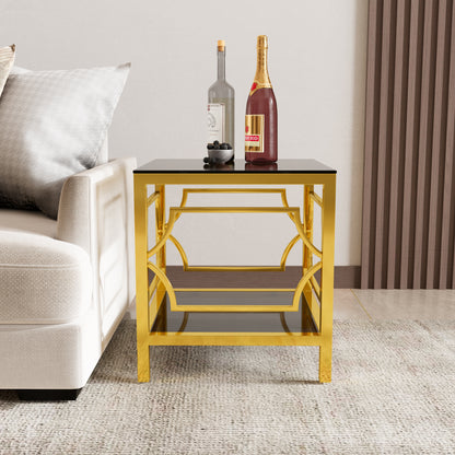 Black tampered glass golden metal leg square side table