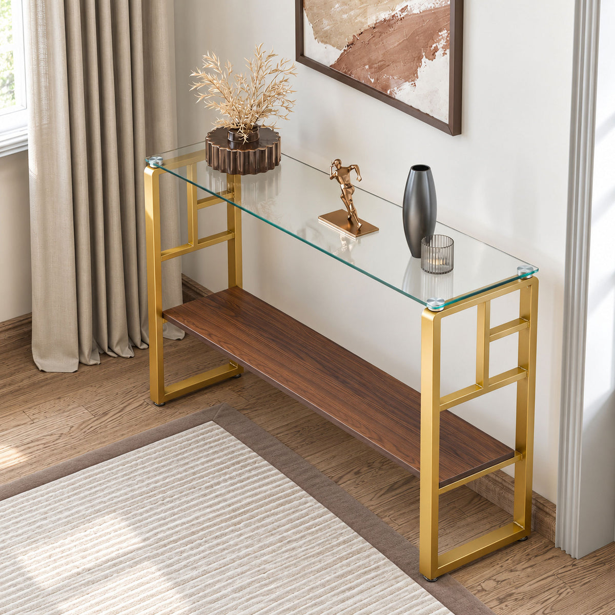 side table with metal frame and glass top