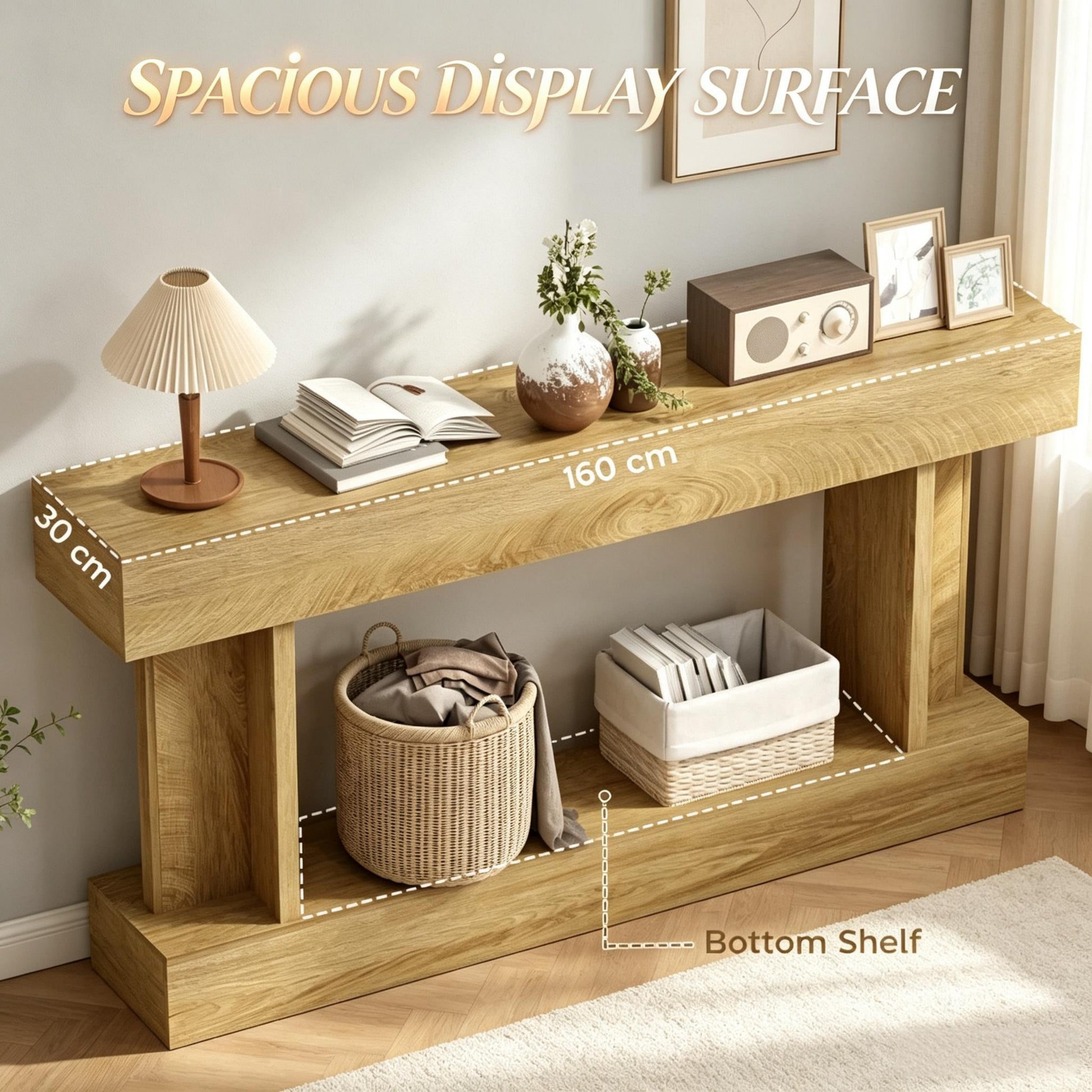 A light oak wood console table with a top shelf, bottom shelf, and decorative items on and inside, shown in a styled room with measurement callouts reading 160 cm, 30 cm, and 'Spacious Display Surface'.