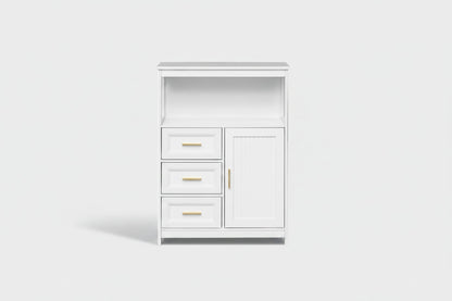 A white bathroom vanity cabinet with three drawers on the left, a single door on the right, and open shelving above, accented with gold-tone handles.