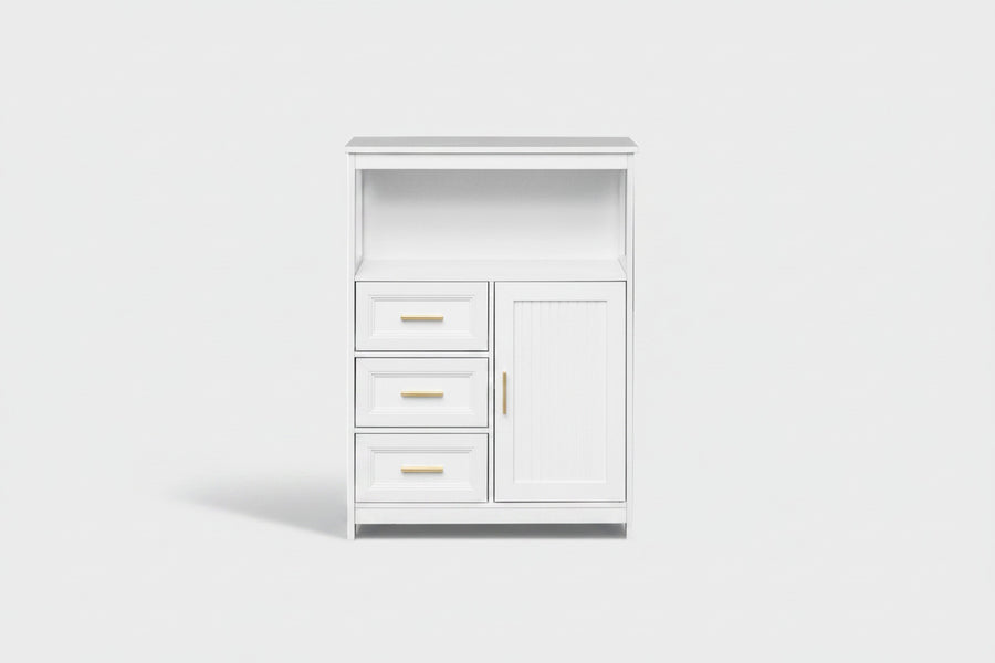 A white bathroom vanity cabinet with three drawers on the left, a single door on the right, and open shelving above, accented with gold-tone handles.