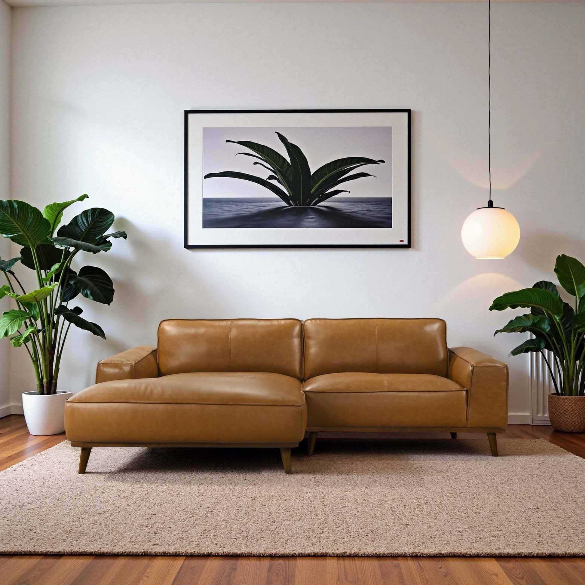 Left Facing Sectional Sofa with Mid-Century Modern Design, Genuine Leather Upholstery, Walnut-Finished Wood Legs, 98-Inch L-Shaped Layout