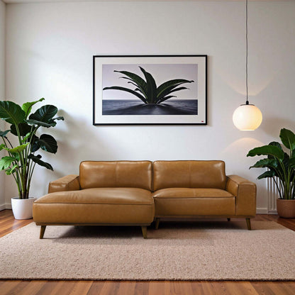 Left Facing Sectional Sofa with Mid-Century Modern Design, Genuine Leather Upholstery, Walnut-Finished Wood Legs, 98-Inch L-Shaped Layout