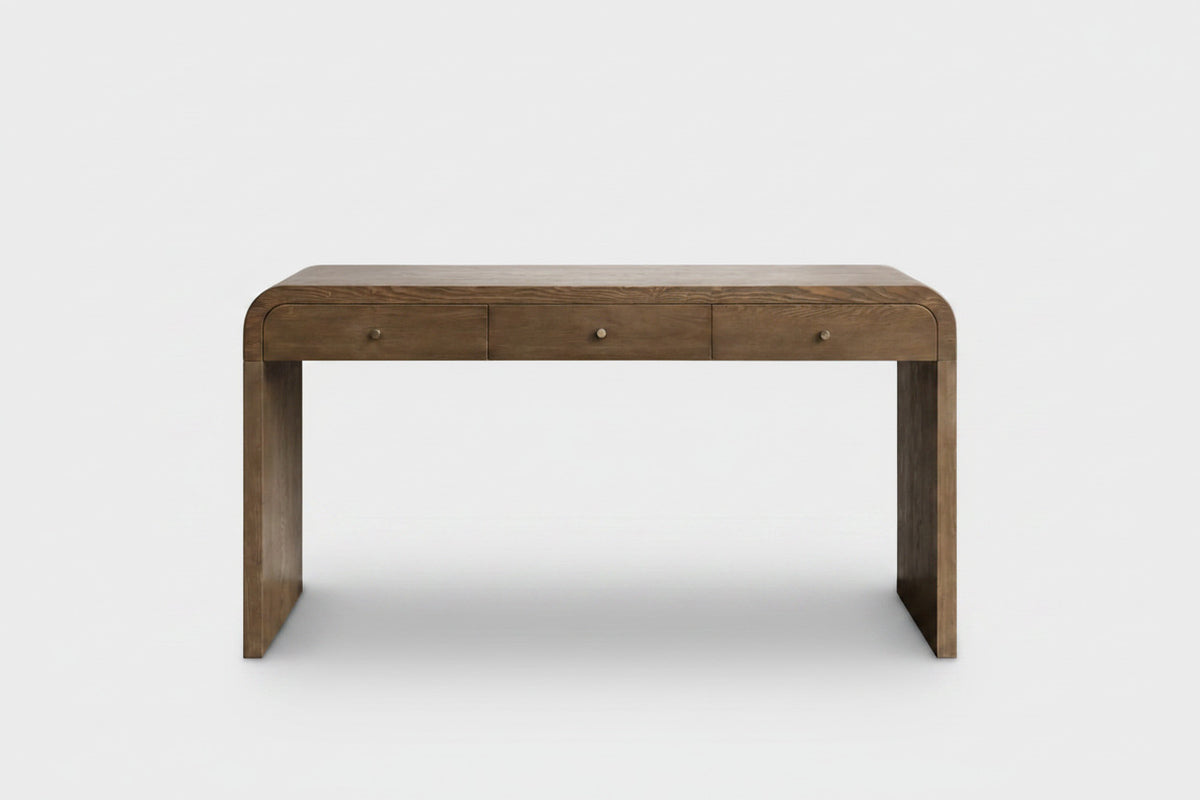 A rustic brown wooden console table with three drawers and small round metal knobs, shown against a plain white background.