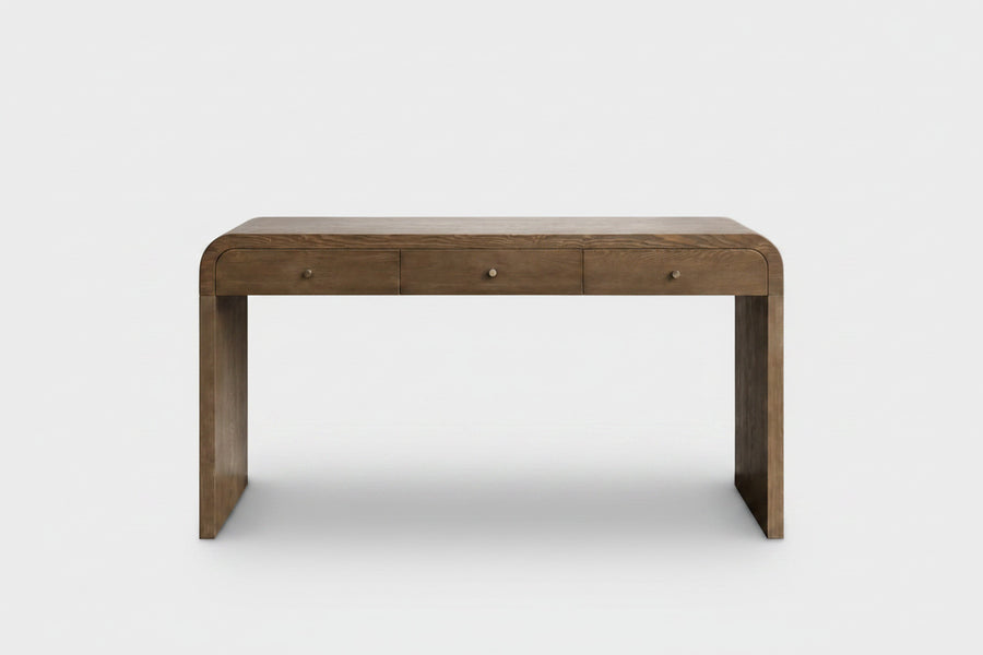 A rustic brown wooden console table with three drawers and small round metal knobs, shown against a plain white background.