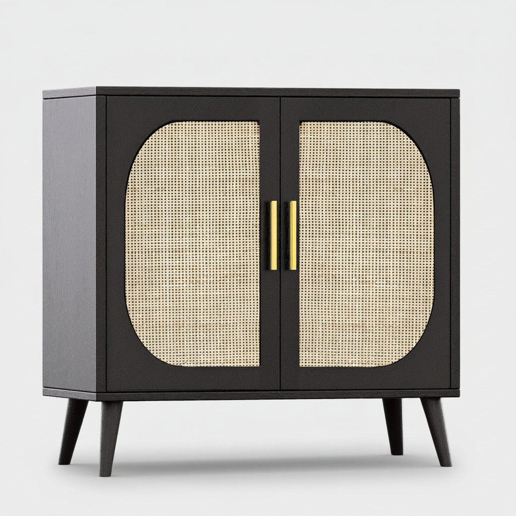 Black cabinet with rattan doors and gold handles on a white background
