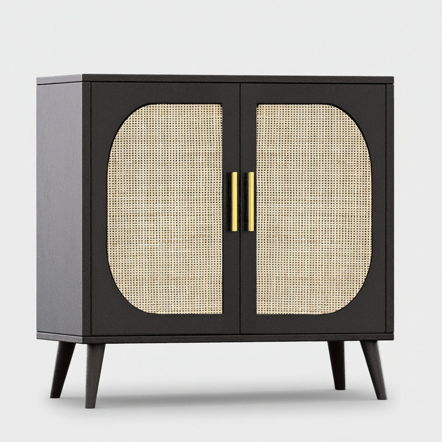 Black cabinet with rattan doors and gold handles on a white background