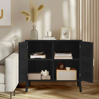 Black cabinet with open doors displaying decorative items in a living room setting.