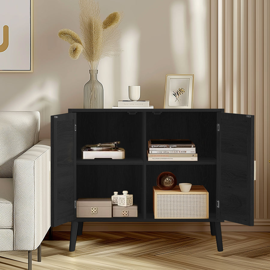 Black cabinet with open doors displaying decorative items in a living room setting.