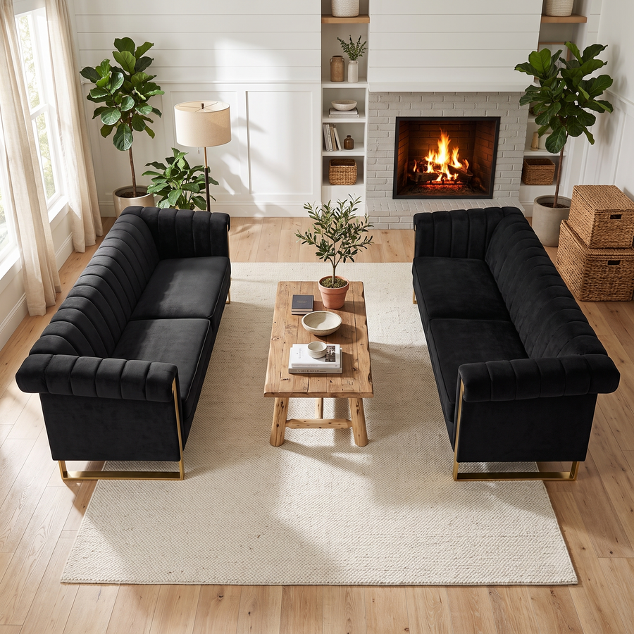 Terra Black Velvet 2 Piece Sofa Set Black