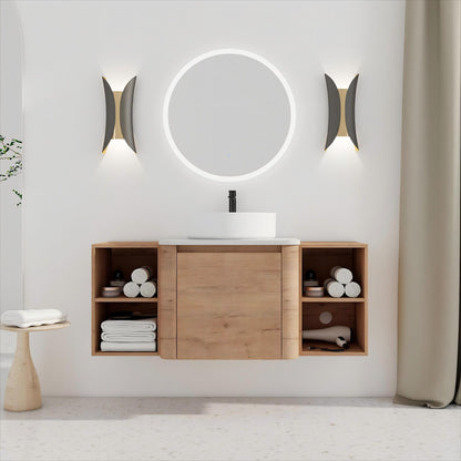 48'' Wall-Mounted Bathroom Vanity With Ceramic Art Sink, and 2-Storage Shelves, Soft-Close Door, KD-Packing, Plywood