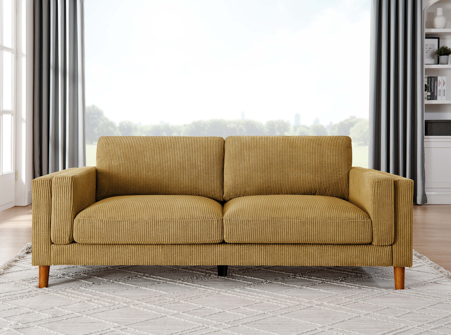 Corduroy Upholstered Square Arm Sofa with Wooden Legs