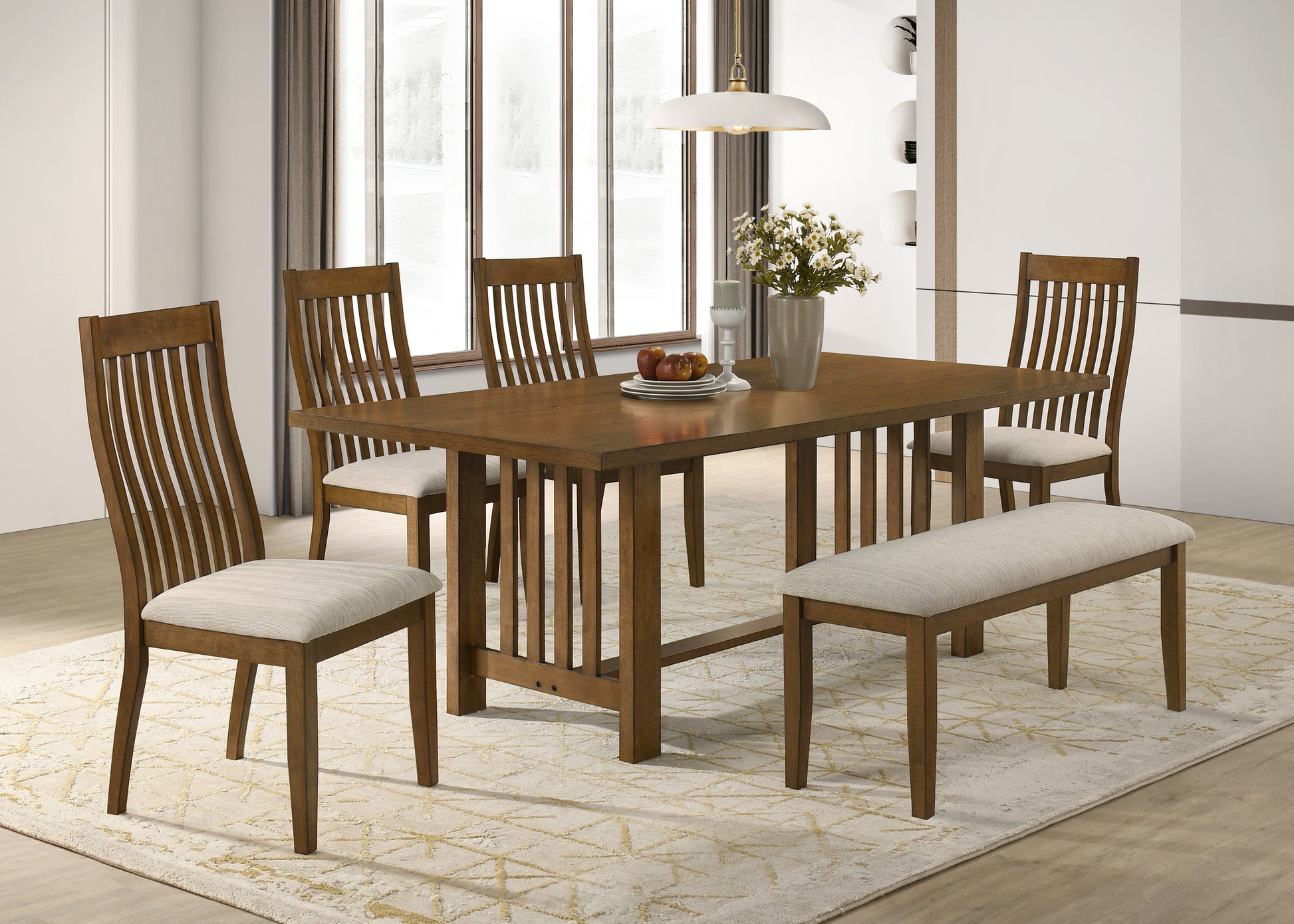 6 Seater 6 pcs Dining room set with wooden table and chairs in a well-lit room.
