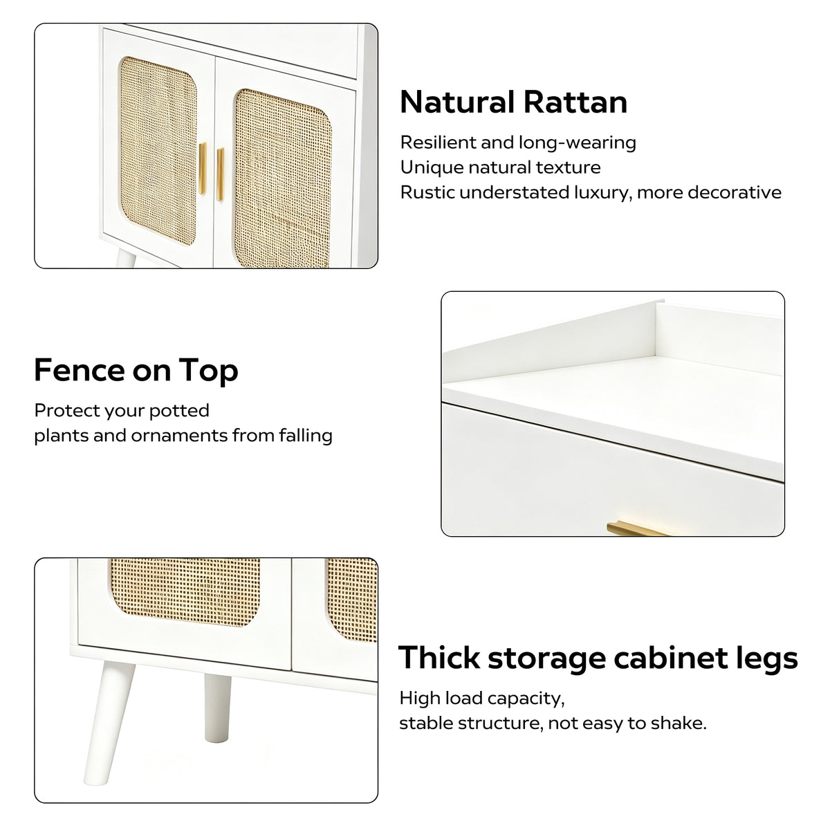 Three-panel product feature graphic for a white storage cabinet with natural rattan doors and gold-tone handles, with text callouts reading 'Rattan,' 'Fence on Top,' and 'Thick storage cabinet legs.'.