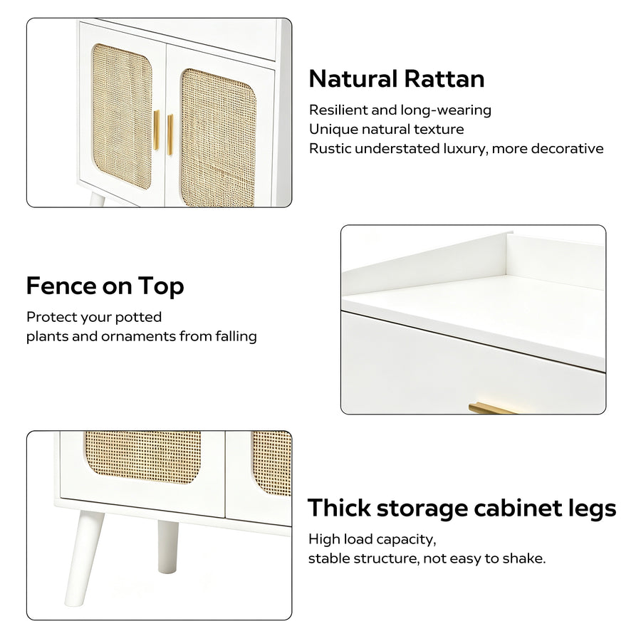 Three-panel product feature graphic for a white storage cabinet with natural rattan doors and gold-tone handles, with text callouts reading 'Rattan,' 'Fence on Top,' and 'Thick storage cabinet legs.'.