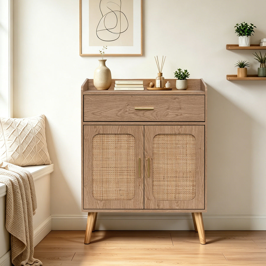 A mid-century modern natural wooden cabinet with a single drawer and two cane-embossed doors, styled in a bright, warm room with a bench, wall art, and small plants.