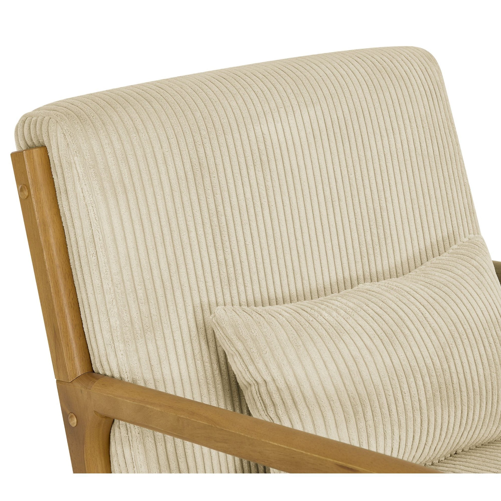 Beige Corduroy Upholstered Wooden Armchair with Back Support Pillow