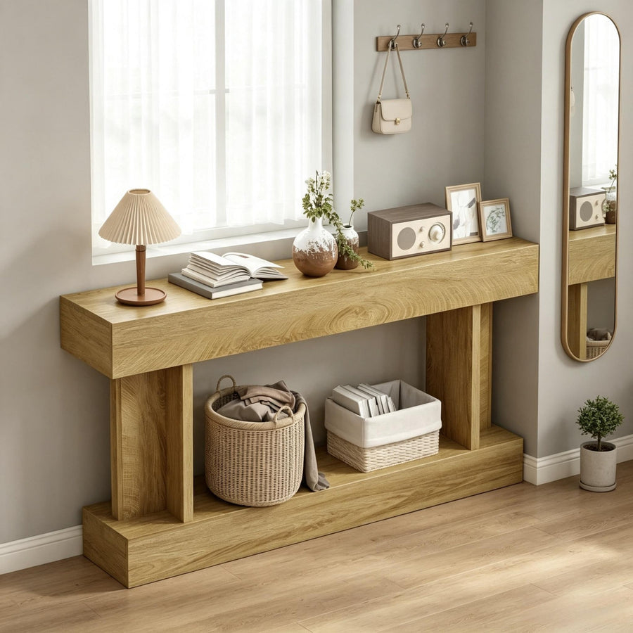 A light oak wood console table styled in a bright, modern entryway. The table features a thick top, two sturdy front legs, and a lower open shelf.